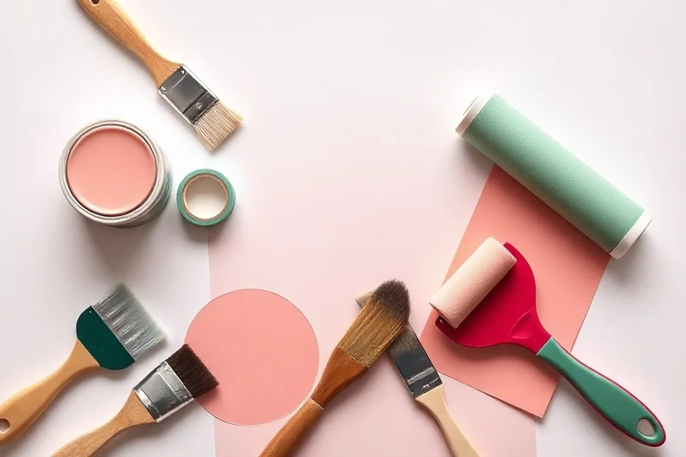Pots de peinture, nuancier, brosses et rouleaux disposés à plat