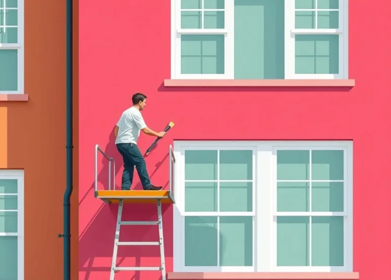 Peintre sur échafaudage traitant la façade d'une maison